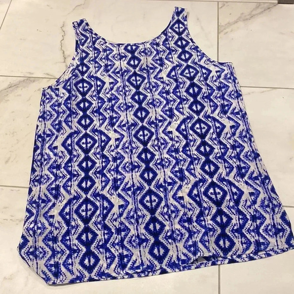 Cynthia Rowley TJX Blue White Aztec Tribal Sleeveless Tunic Silk Blouse Size M - Picture 6 of 6
